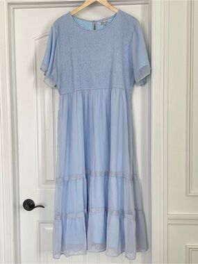 Smocked Bodice Midi Dress in Light Blue